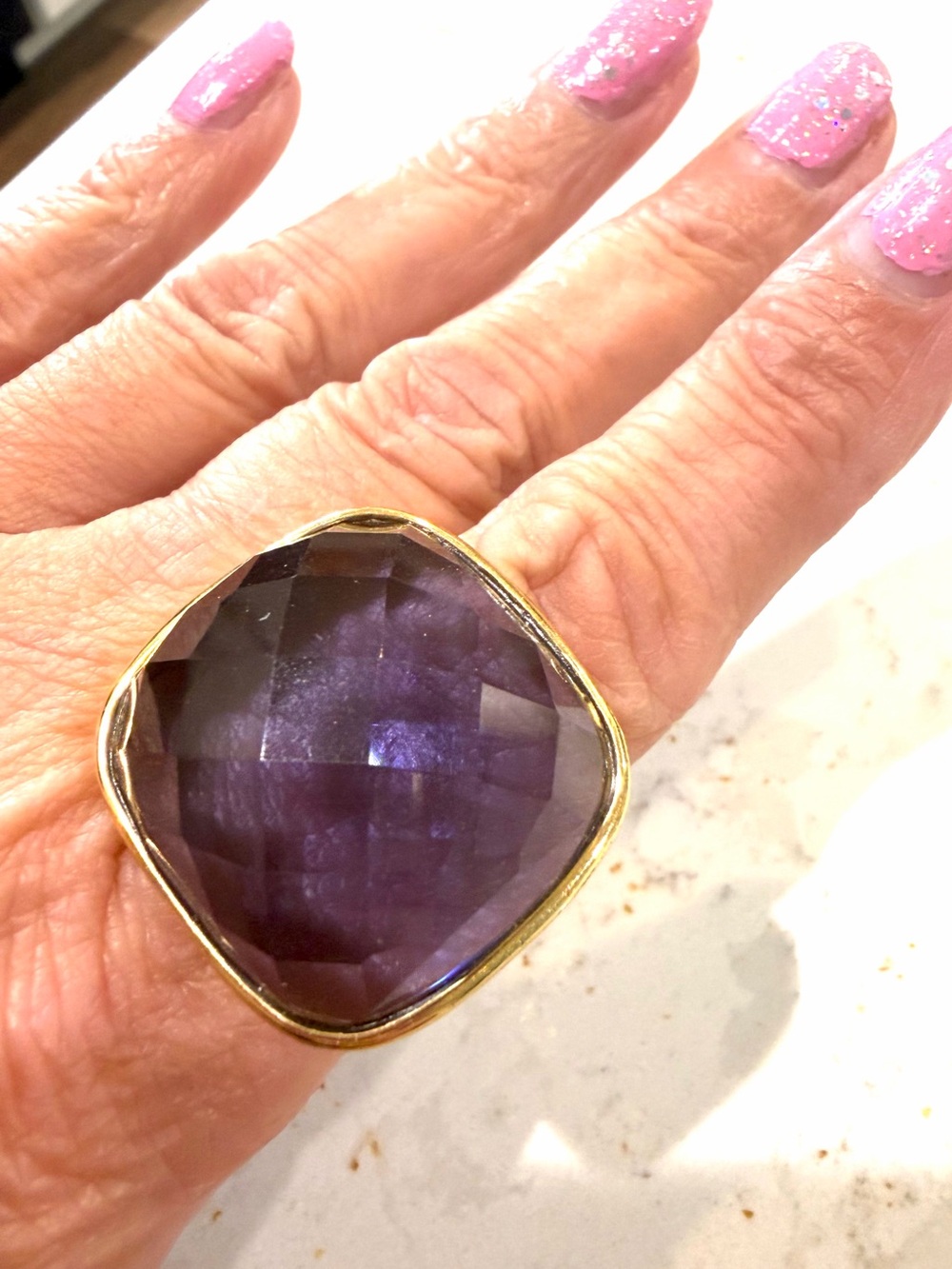 Vintage-Style ATI Quilted Basketweave Cocktail Ring – Huge Faceted Purple Stone